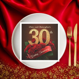 ロマンチックな赤いバラの金ゴールド30結婚周年 スタンダードカクテルナプキン