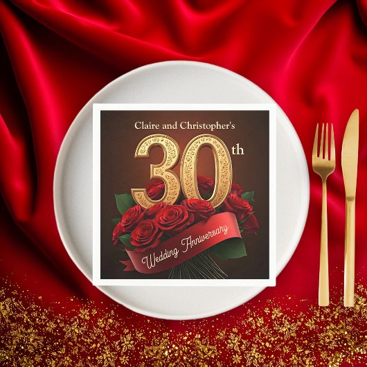 ロマンチックな赤いバラの金ゴールド30結婚周年 スタンダードカクテルナプキン