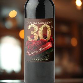 ロマンチックな赤いバラの金ゴールド30結婚周年 ワインラベル