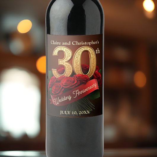 ロマンチックな赤いバラの金ゴールド30結婚周年 ワインラベル