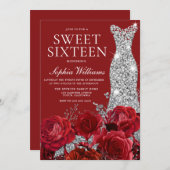 ロマンチックな赤いバラ銀ダイヤモンドガウン甘い16 招待状 (正面/裏面)