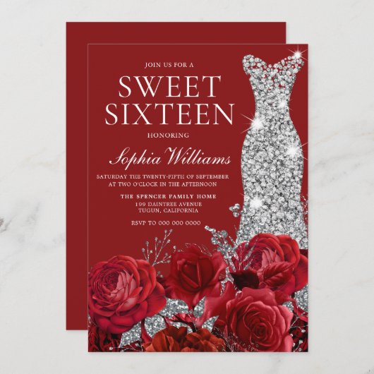 ロマンチックな赤いバラ銀ダイヤモンドガウン甘い16 招待状 (正面/裏面)