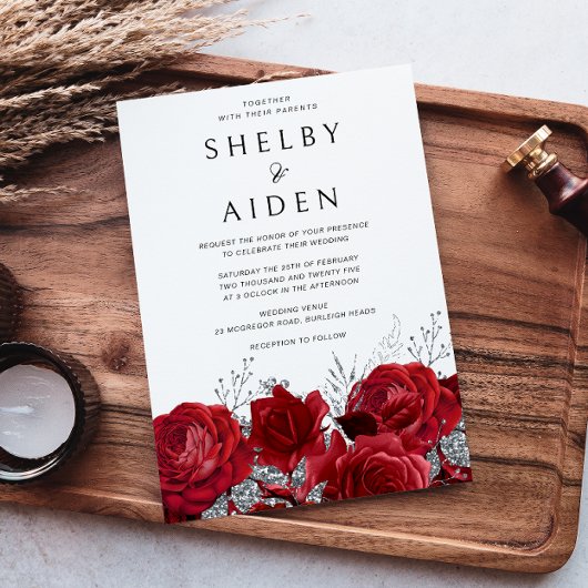 ロマンチックな赤いバラ&シルバー結婚ズ 招待状