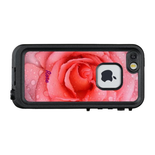 ロマンチックな赤いピンクのバラの水滴パーソナライズされた LifeProof iPhoneケース (裏面横)