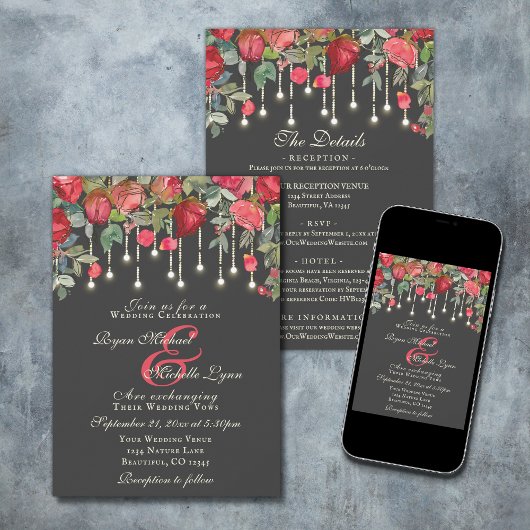 ロマンチックな赤いローズガーデンすべて一つのフローラ結婚 招待状