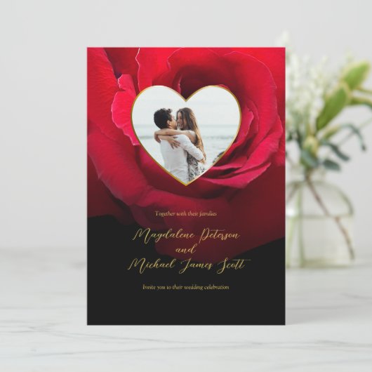 ロマンチックな赤いローズハートフォトフレーム結婚ズ 招待状 (スタンド正面)