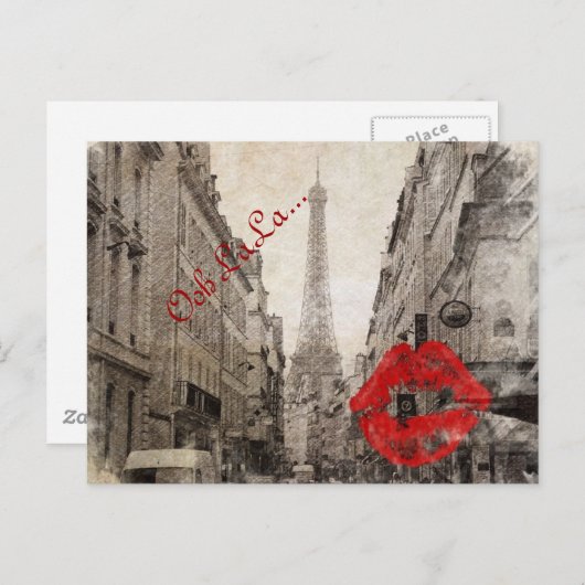 ロマンチックな赤い唇キス私はパリエッフェルタワー大好き ポストカード (正面/裏面)