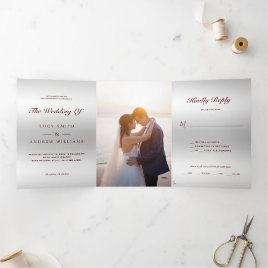 ロマンチックな赤い宝石ジェムボウQRコード結婚ズ 三つ折り招待状 (内部)