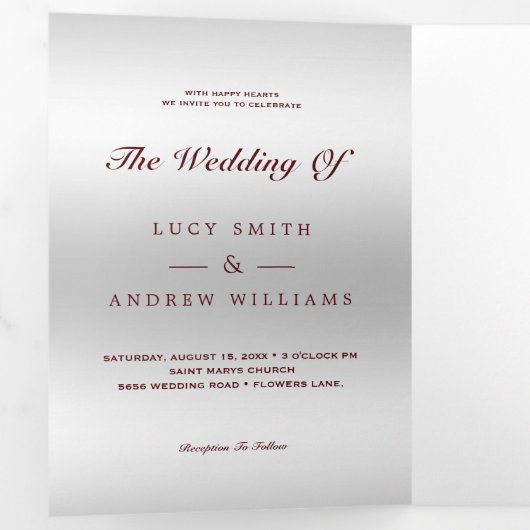 ロマンチックな赤い宝石ジェムボウQRコード結婚ズ 三つ折り招待状 (内部最初)