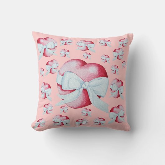 ロマンチックな赤い愛のハートと白い弓 クッション (正面)