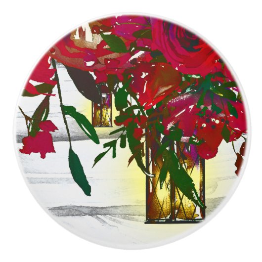 ロマンチックな赤い水の色のバラとランタン素朴 セラミックノブ (正面)