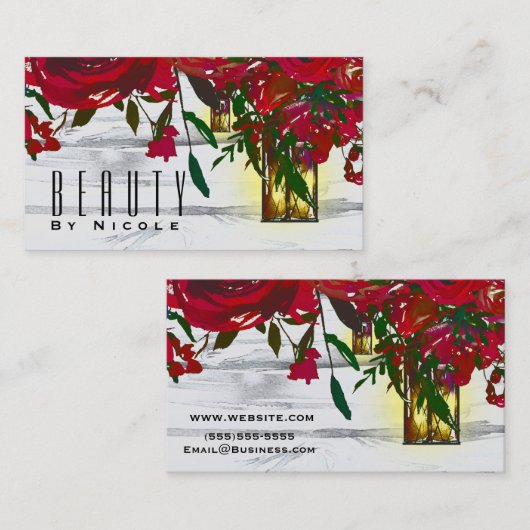 ロマンチックな赤い水の色のバラとランタン素朴 名刺 (正面/裏面)