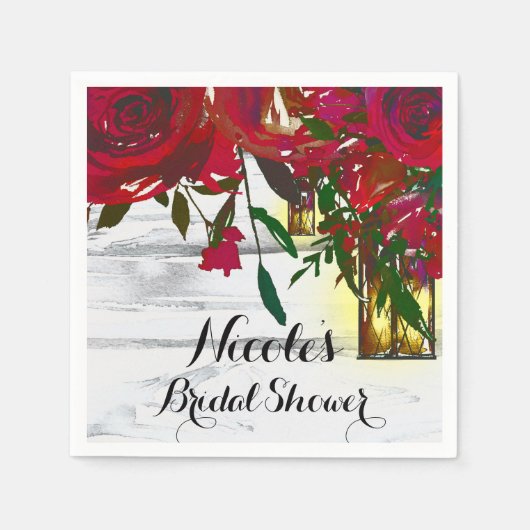 ロマンチックな赤い水の色のバラ&ランタン結婚ズ スタンダードカクテルナプキン (正面)