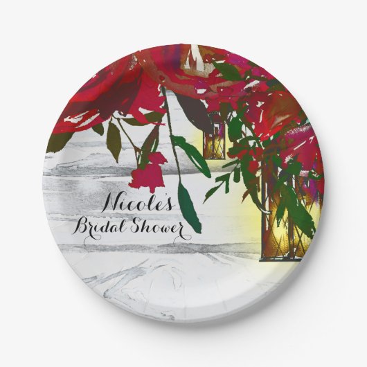 ロマンチックな赤い水の色のバラ&ランタン結婚ズ ペーパープレート (正面)