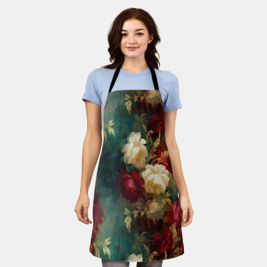 ロマンチックな赤い白い緑の花 エプロン (着用した状態)