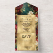 ロマンチックな赤い白い緑の花 オールインワン招待状 (内側)