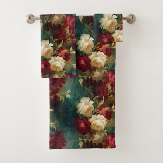 ロマンチックな赤い白い緑の花 バスタオルセット (インサイチュ)