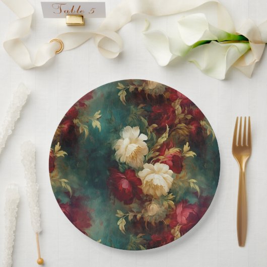 ロマンチックな赤い白い花結婚のフローラ ペーパープレート (ウェディング)