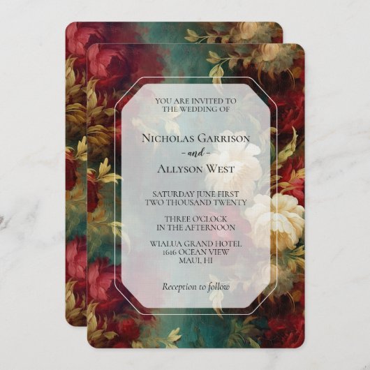 ロマンチックな赤い白結婚い花 招待状 (正面/裏面)