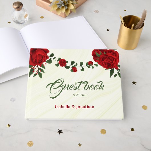 ロマンチックな赤い花結婚の緑 ゲストブック (正面見開き)