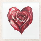 ロマンチックな赤い薔薇の花のハートのウェディング ガラスコースター (正面)