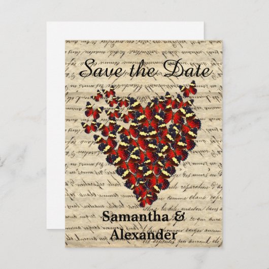 ロマンチックな赤い蝶のハートは日付を保存 案内ポストカード (正面/裏面)