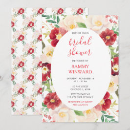 ロマンチックな赤とクリームフラワーズブライダルシャワー 招待状