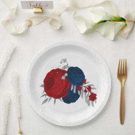 ロマンチックな赤と海軍の花の植物銀 ペーパープレート