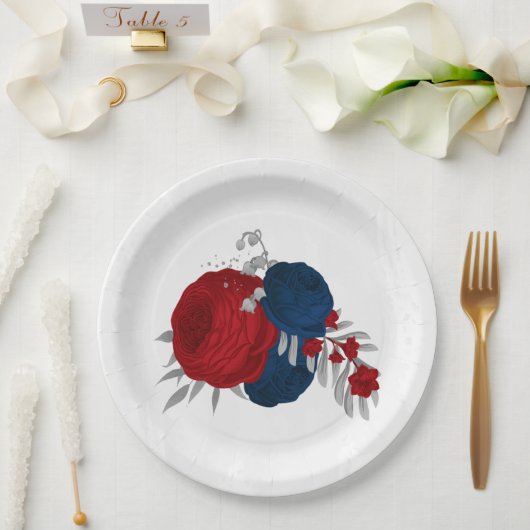 ロマンチックな赤と海軍の花の植物銀 ペーパープレート (ウェディング)
