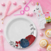 ロマンチックな赤と海軍の花の植物銀 ペーパープレート (パーティー)