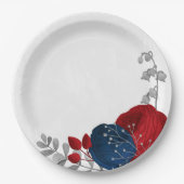 ロマンチックな赤と海軍の花の植物銀 ペーパープレート (正面)
