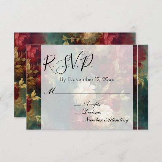 ロマンチックな赤と白の花のウェディング出欠確認 エンクロージャーカード (正面/裏面)