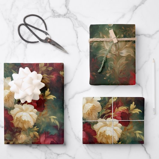 ロマンチックな赤と白の花のブライズシャワー 結婚式 ラッピングペーパーシート (正面)