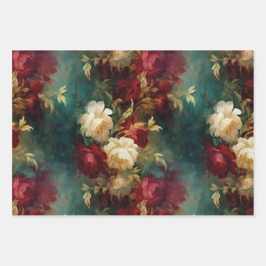 ロマンチックな赤と白の花のブライダルシャワー ウェディング ラッピングペーパーシート (正面3)