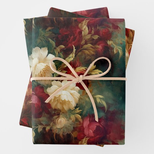 ロマンチックな赤と白の花のブライダルシャワー ウェディング ラッピングペーパーシート (インサイチュ)