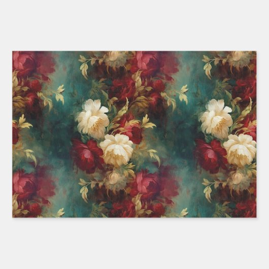 ロマンチックな赤と白の花のブライダルシャワー ウェディング ラッピングペーパーシート (正面)