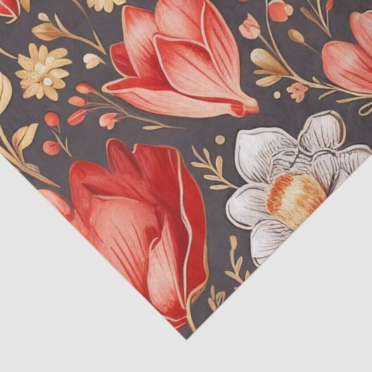 ロマンチックな赤と金ゴールドのフローラとハートのデコページ 薄葉紙 (詳細)