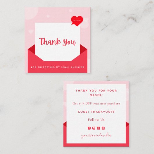 ロマンチックな赤のラブレター感謝メッセージモダン スクエア名刺 (正面/裏面)