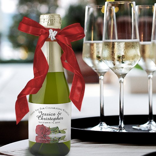 ロマンチックな赤の結婚ローズのサンキューミニ スパークリングワインラベル