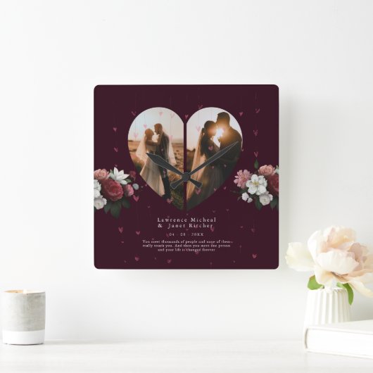 ロマンチックな赤カスタムハートの形のカップルの写真の贈り物 スクエア壁時計 (ホーム)