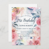 ロマンチックな赤ピンクの水色フローラ21st誕生日 インビテーションポストカード (正面/裏面)