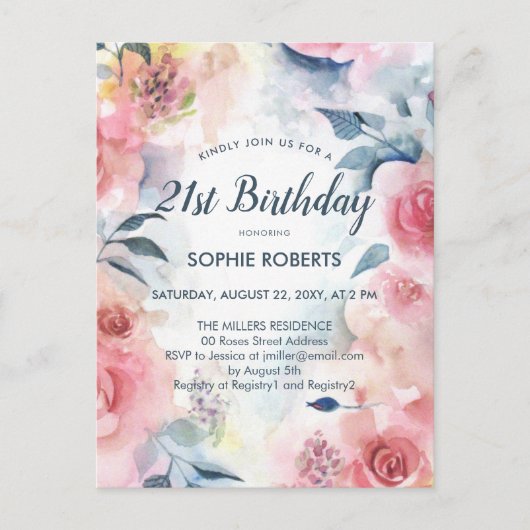 ロマンチックな赤ピンクの水色フローラ21st誕生日 インビテーションポストカード (正面)