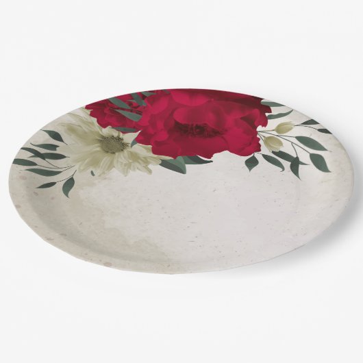 ロマンチックな赤淡い色のと黄色の花紙プレート ペーパープレート (アングル)