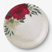 ロマンチックな赤淡い色のと黄色の花紙プレート ペーパープレート (正面)