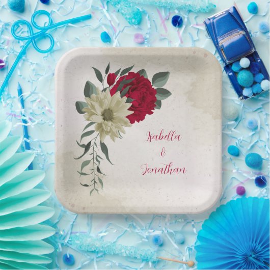 ロマンチックな赤淡い色のと黄色の花 ペーパープレート (パーティー)