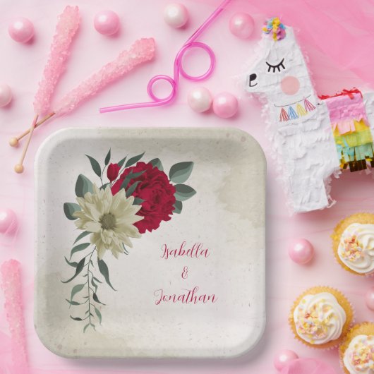 ロマンチックな赤淡い色のと黄色の花 ペーパープレート (パーティー)