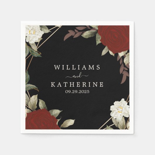 ロマンチックな赤深いバラフローラウィンターブラック結婚ズ スタンダードカクテルナプキン (正面)