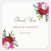 ロマンチックな赤結婚バラの感謝ステッカー スクエアシール (正面)
