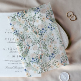 ロマンチックな赤面の花は緑の美しい ベラム紙招待状