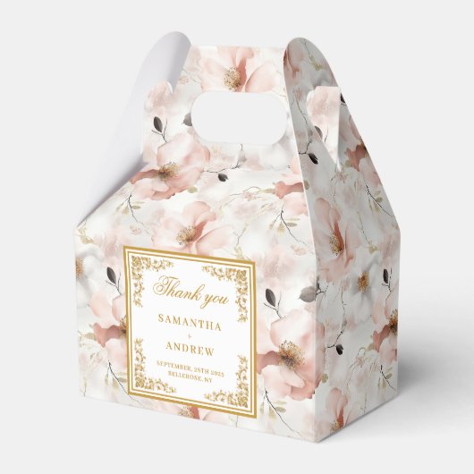 ロマンチックな赤面アイボリー金ゴールドフローラ結婚式の引き出物ボックス フェイバーボックス (正面サイド)